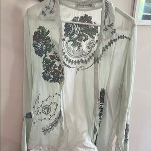 Johnny Was Sheer Embroidered Blouse